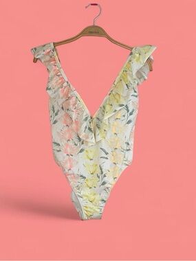 Victoria's Secret Floral Ruffle One-Piece Swimsuit - Cream, Yellow & Pink